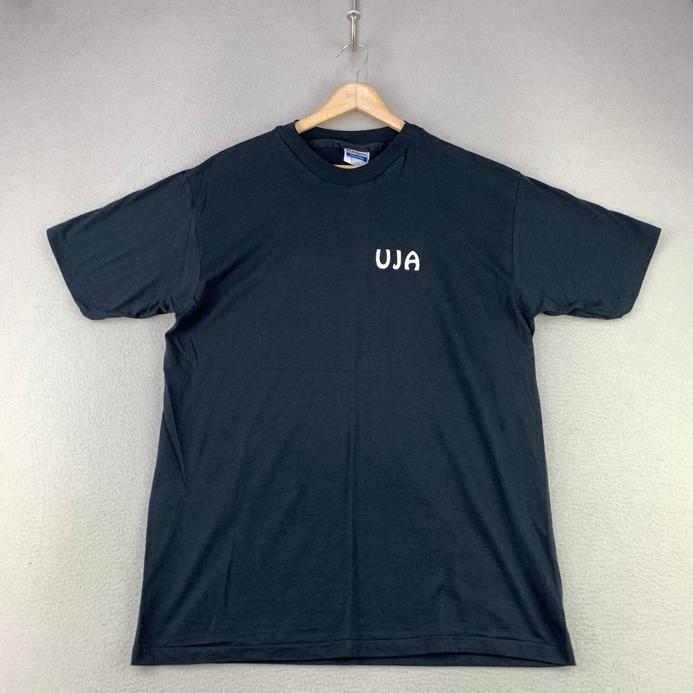 Vintage 90s Single Stitch T-Shirt Mens XL Black UJA Graphic Tee Made in USA